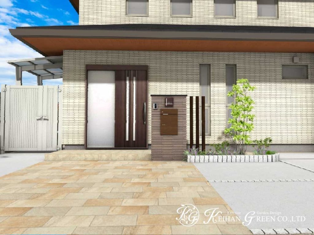 タイルの色ムラが美しく広がる開放的なアプローチ