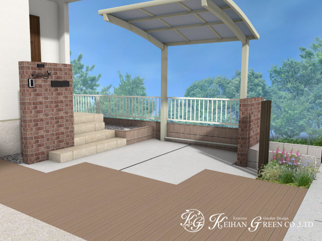 焼きものの素朴な風合いを基調とした門柱