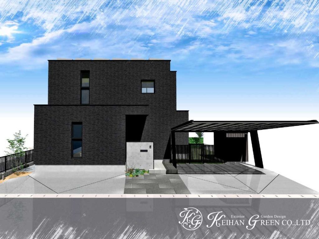 黒を基調にスタイリッシュな外構