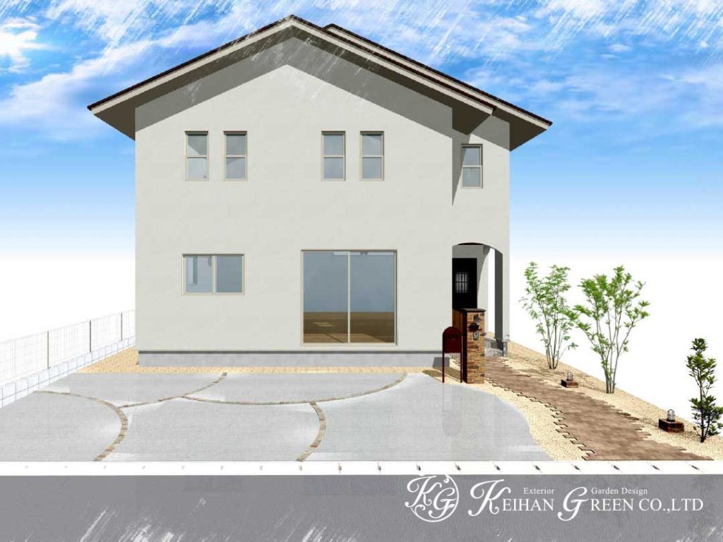 レンガのアプローチと門柱がナチュラルなオープン外構