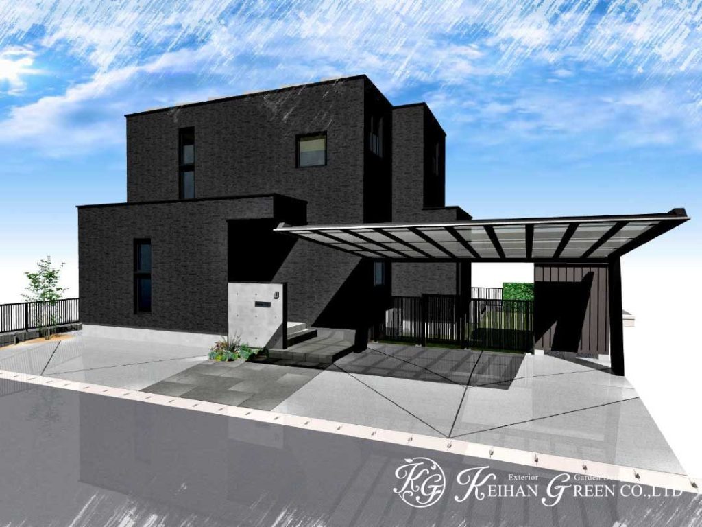 黒を基調にスタイリッシュな外構