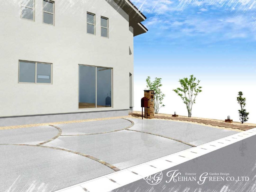 レンガのアプローチと門柱がナチュラルなオープン外構