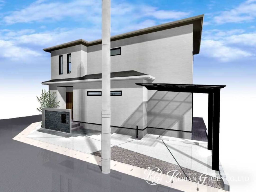 石貼りの門柱がおしゃれなオープン外構