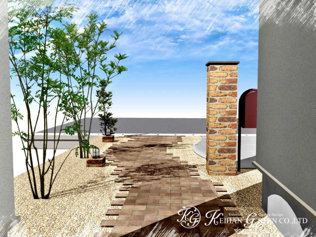 レンガのアプローチと門柱がナチュラルなオープン外構