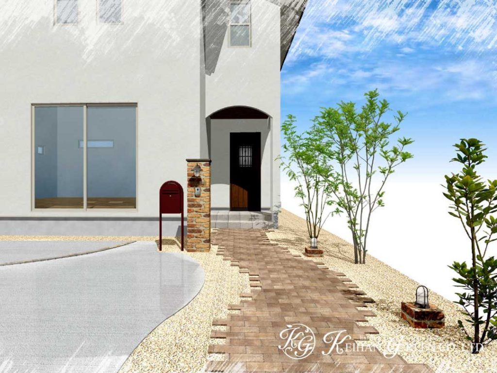 レンガのアプローチと門柱がナチュラルなオープン外構