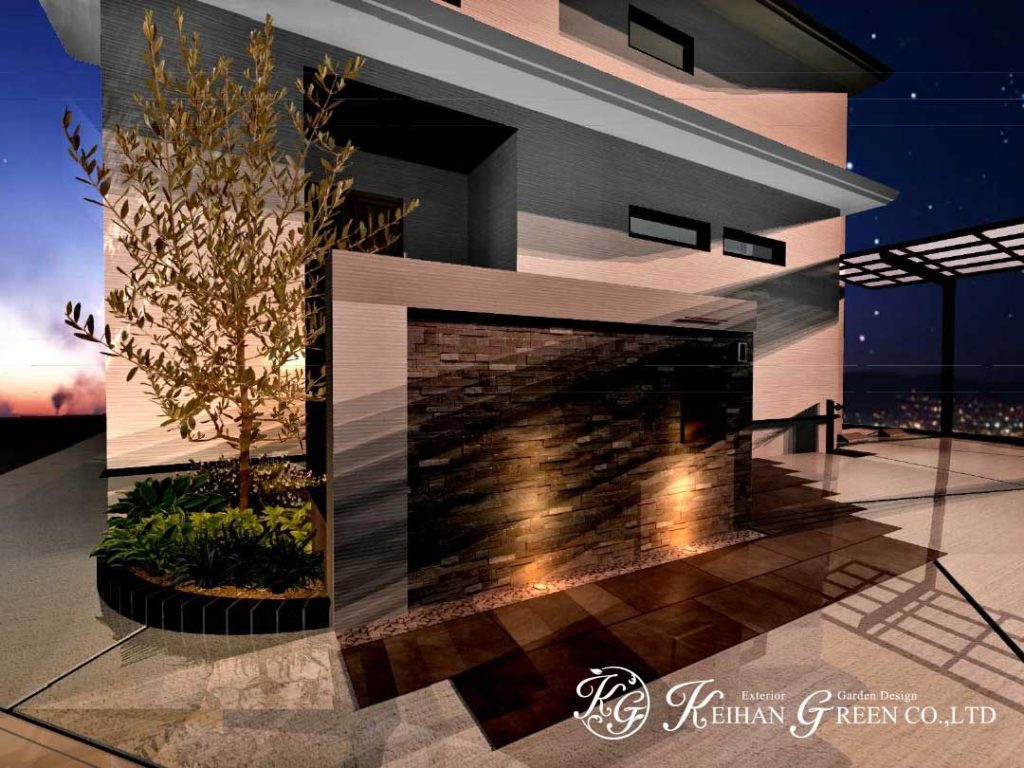 石貼りの門柱がおしゃれなオープン外構