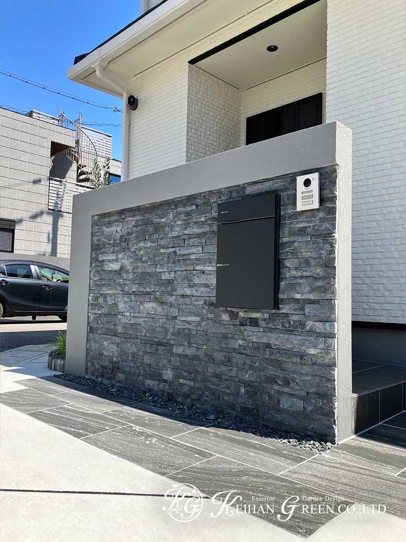 石貼りの門柱がおしゃれなオープン外構　京都市