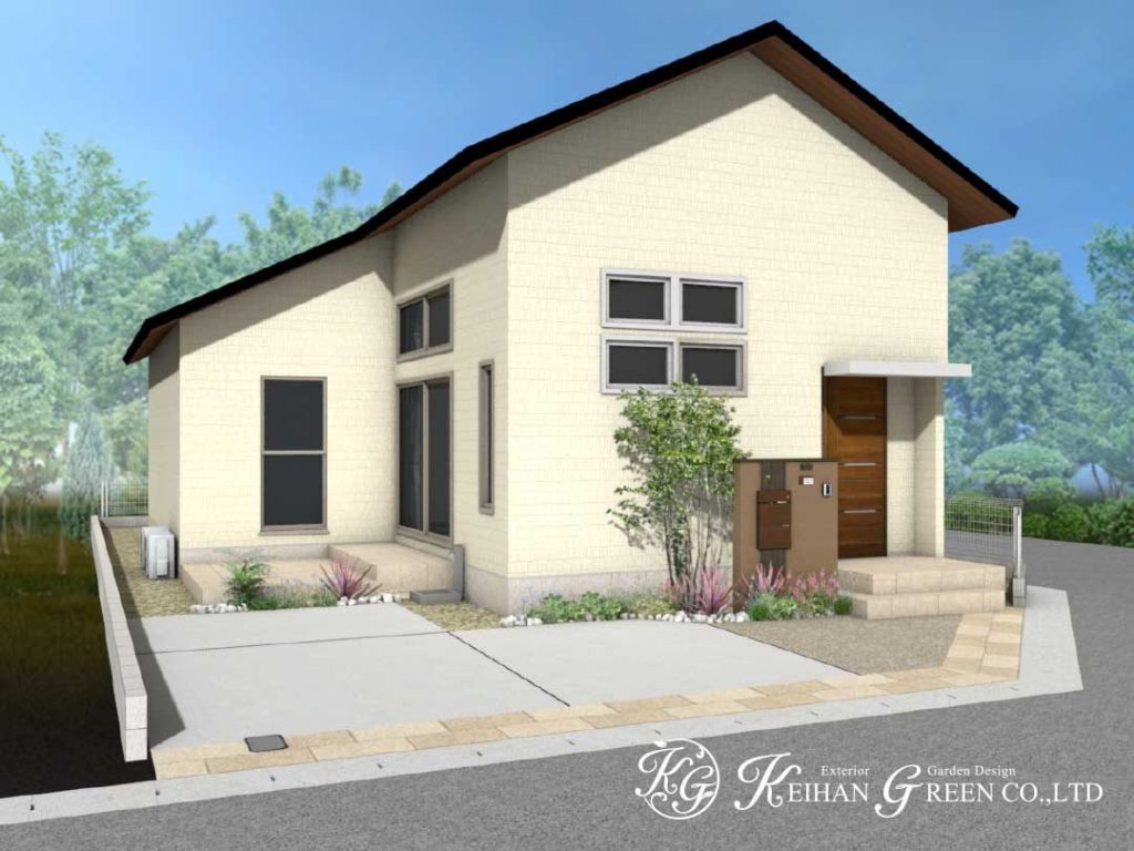 ブラウン＋木目調の門柱がオシャレ