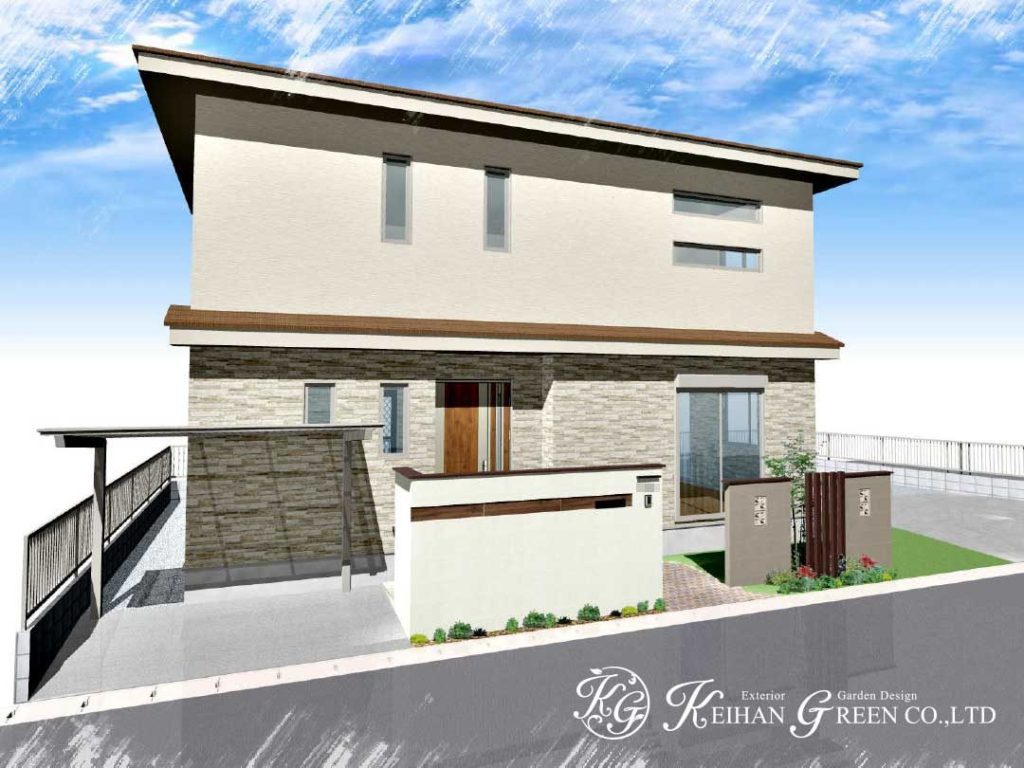 ナチュラルデザインの門柱と袖壁