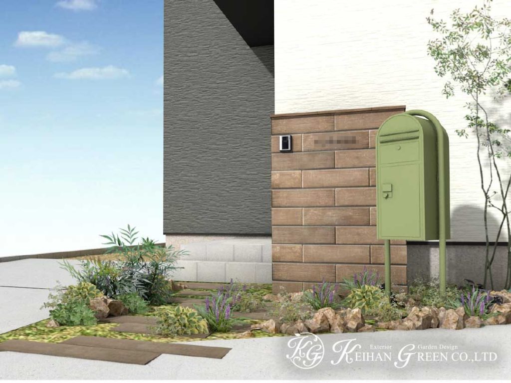 疑似枕木を使ったナチュラルテイストの門まわり