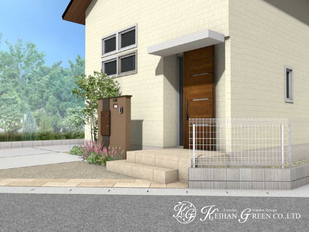 ブラウン＋木目調の門柱がオシャレ