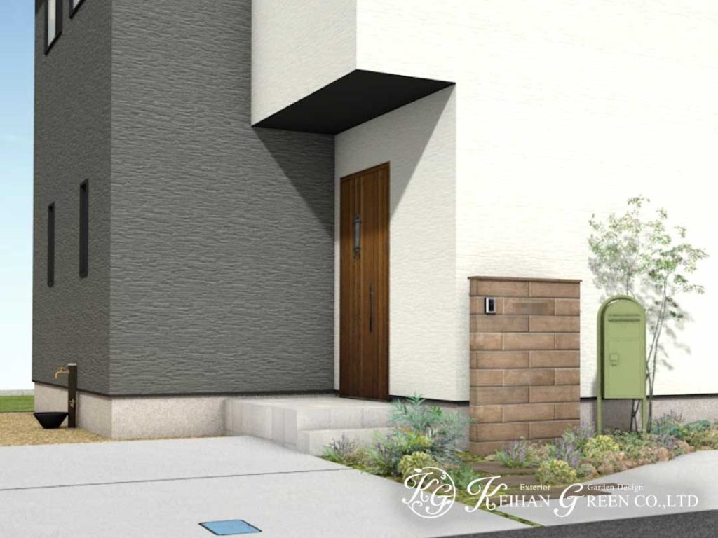 疑似枕木を使ったナチュラルテイストの門まわり