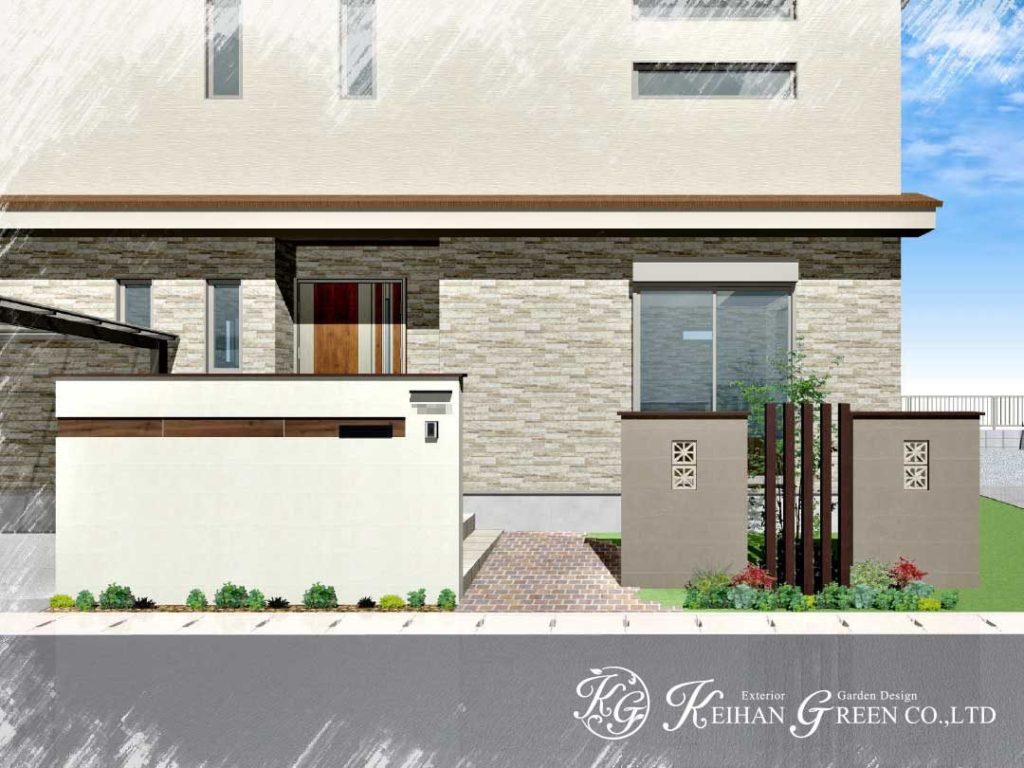 ナチュラルデザインの門柱と袖壁