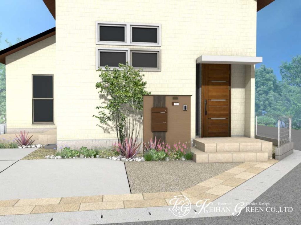 ブラウン＋木目調の門柱がオシャレ