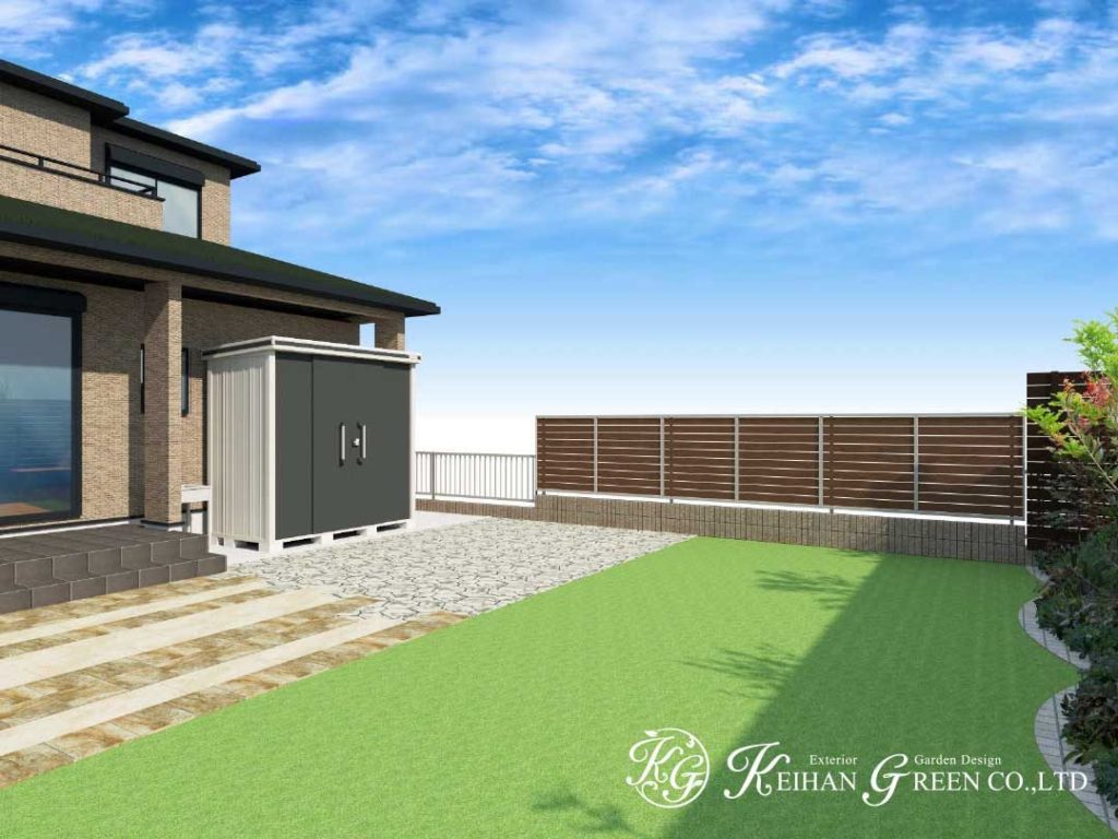 人工芝とタイルでローメンテナンスのお庭