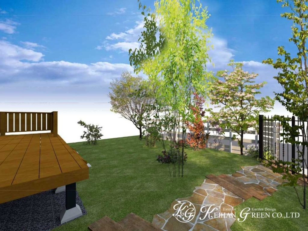 白いフェンスと赤いポストが大人かわいいエントランス