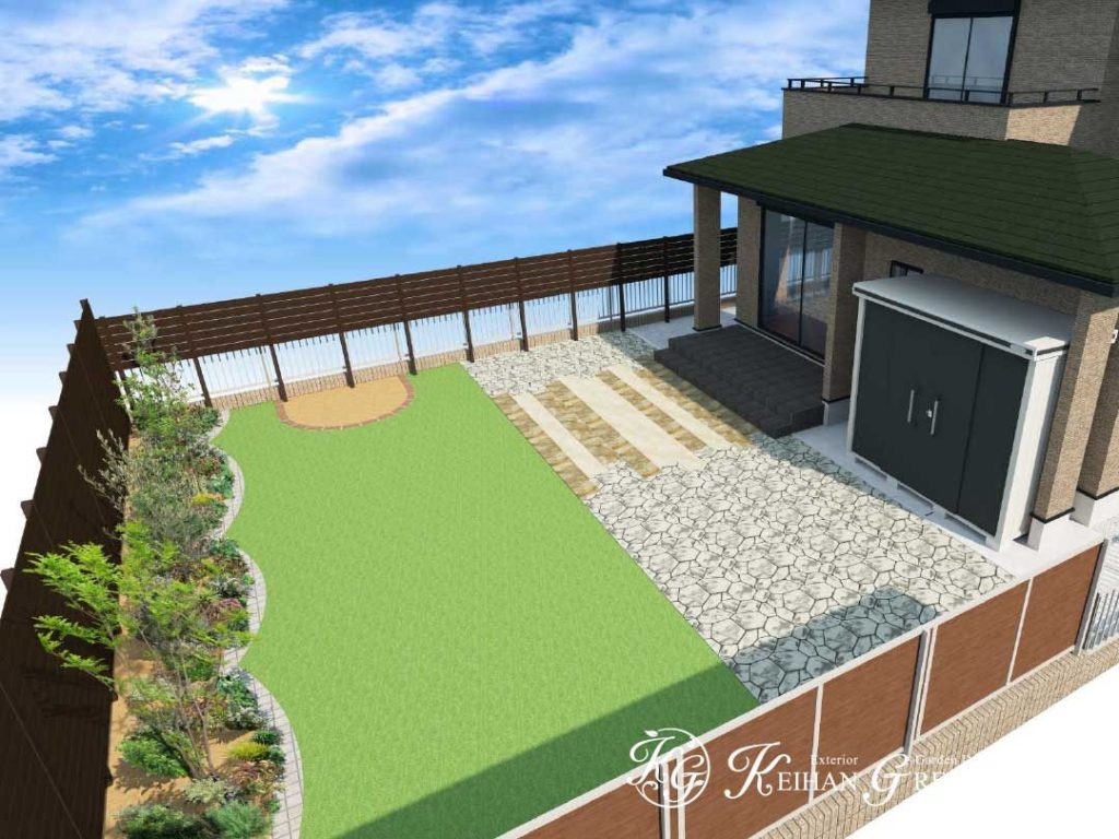 人工芝とタイルでローメンテナンスのお庭