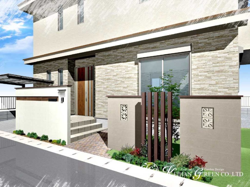 ナチュラルデザインの門柱と袖壁