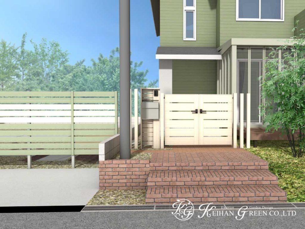 ハーブグリーンとホワイトの組み合わせで爽やかな外まわりに