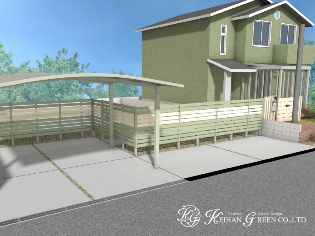 ハーブグリーンとホワイトの組み合わせで爽やかな外まわりに