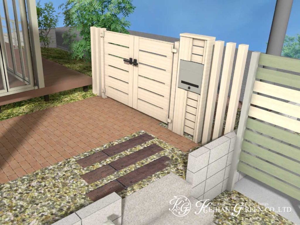 ハーブグリーンとホワイトの組み合わせで爽やかな外まわりに