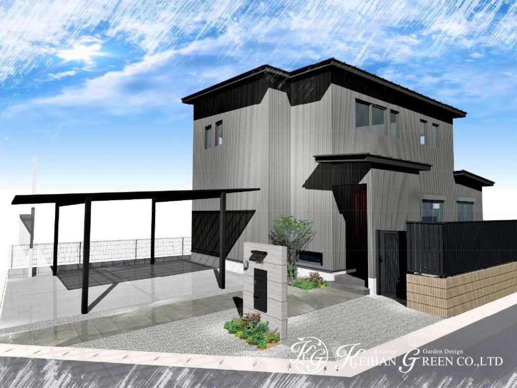 ブラックをアクセントにしたナチュラルモダン外構