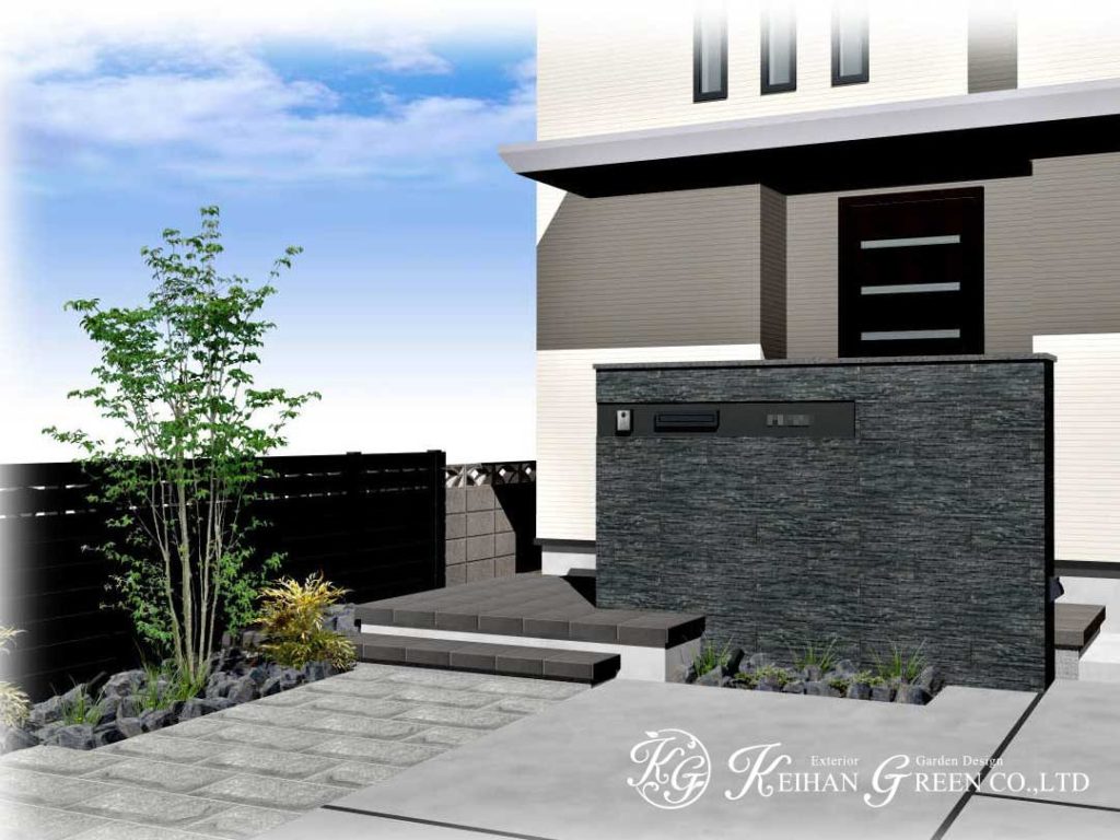 石貼りの門柱がモダンなオープン外構