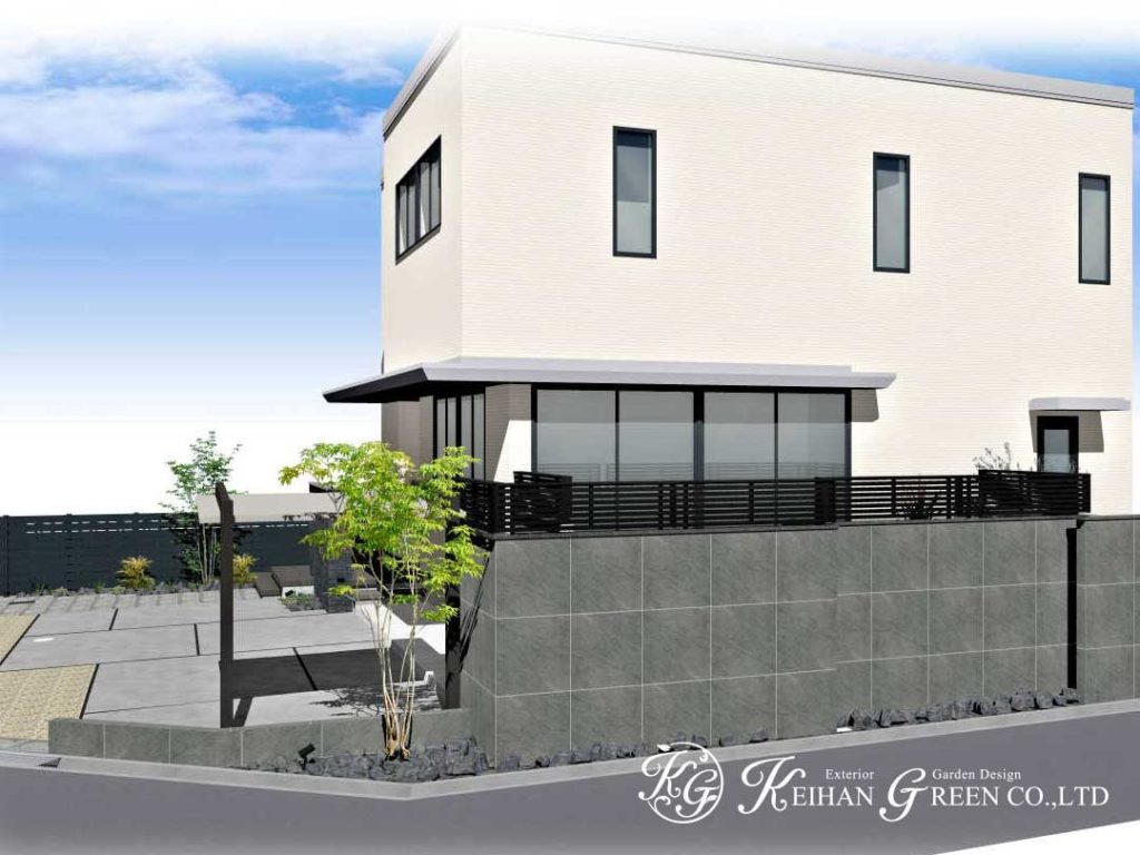 石貼りの門柱がモダンなオープン外構