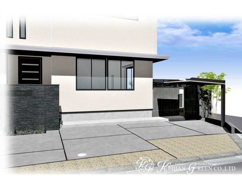 石貼りの門柱がモダンなオープン外構