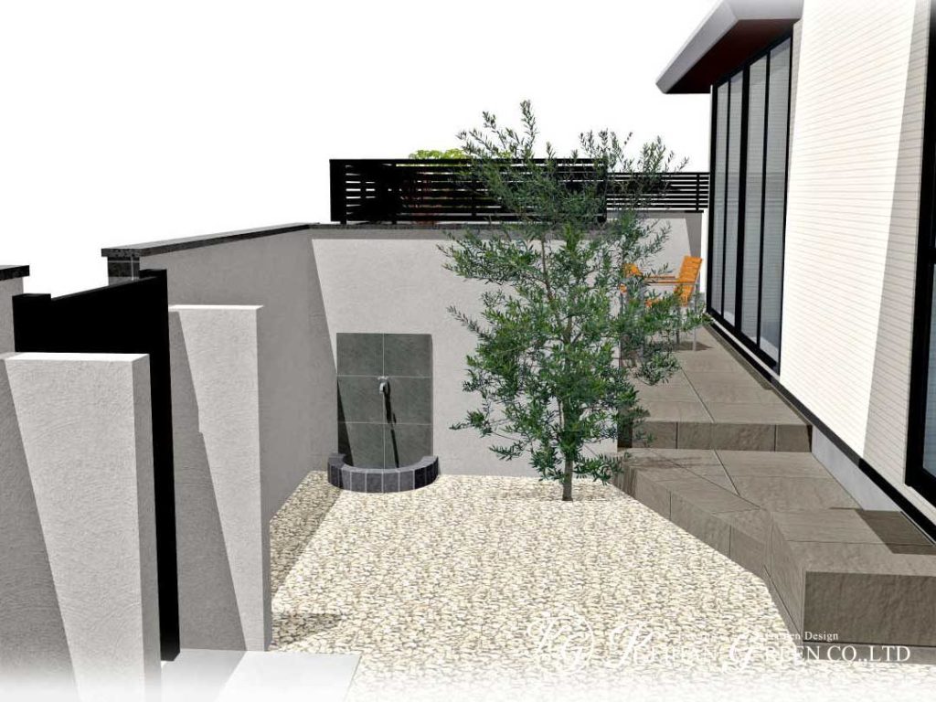 石貼りの門柱がモダンなオープン外構