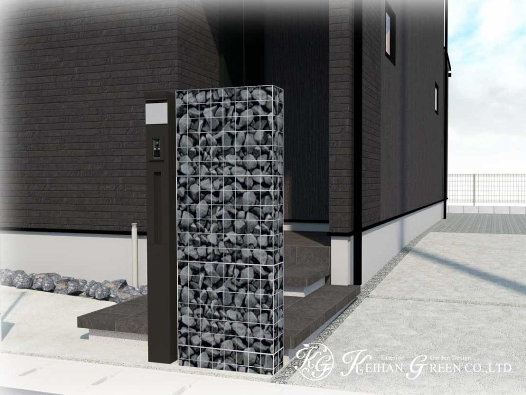 ガビオン門柱と機能門柱を組み合わせ