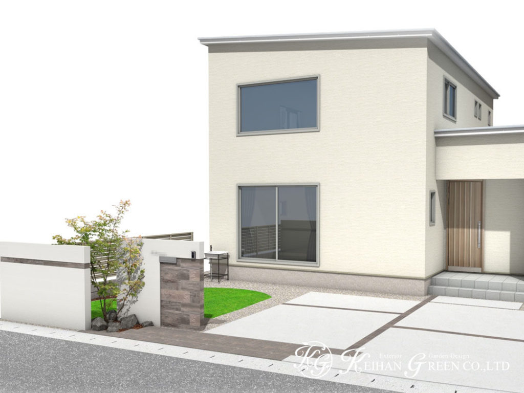 木目調のタイルがアクセントになっている上質感のある門柱