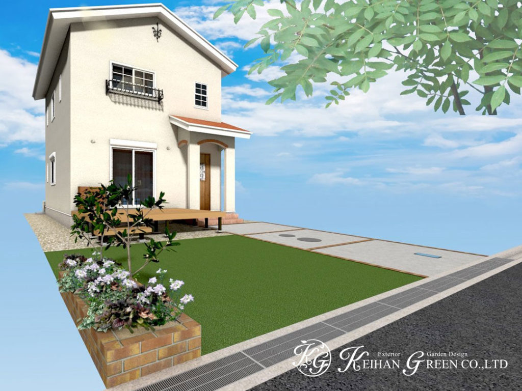 レンガがアクセントになっている大人かわいいオープン外構