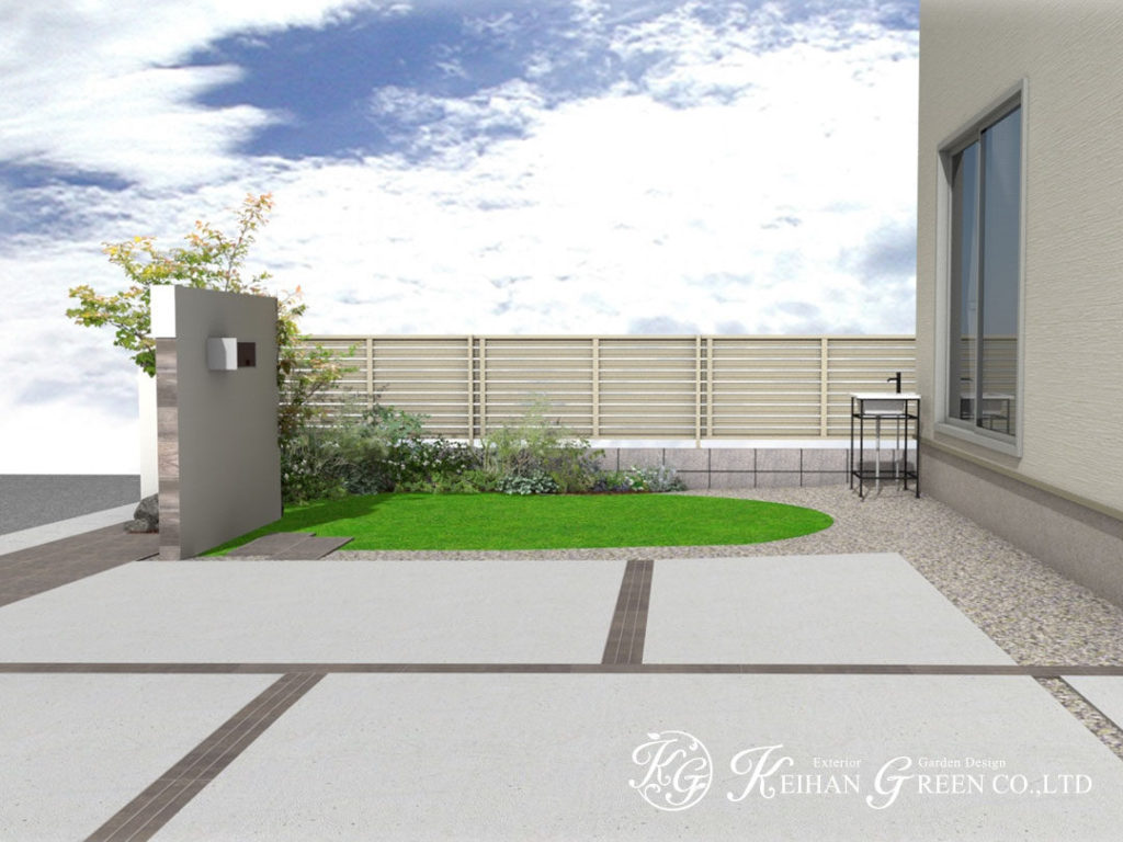 木目調のタイルがアクセントになっている上質感のある門柱