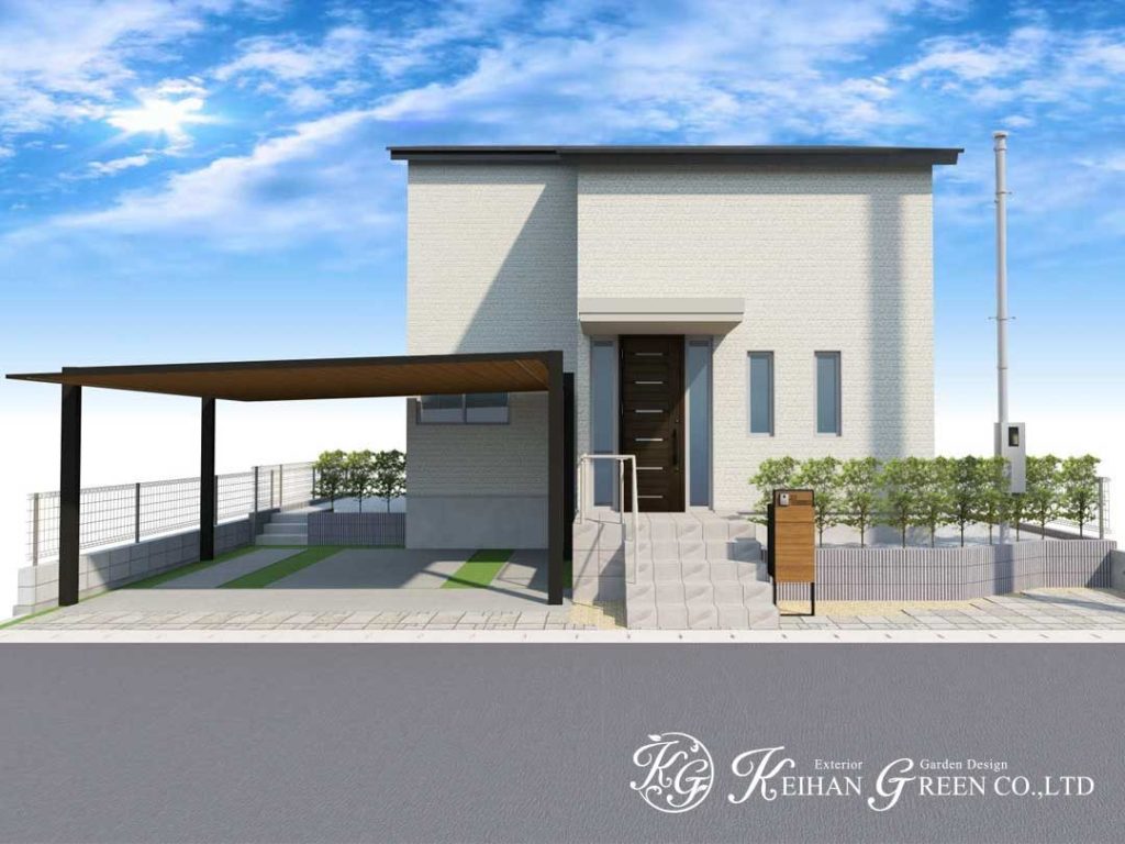 機能門柱とカーポートを同じ木目調でコーディネート