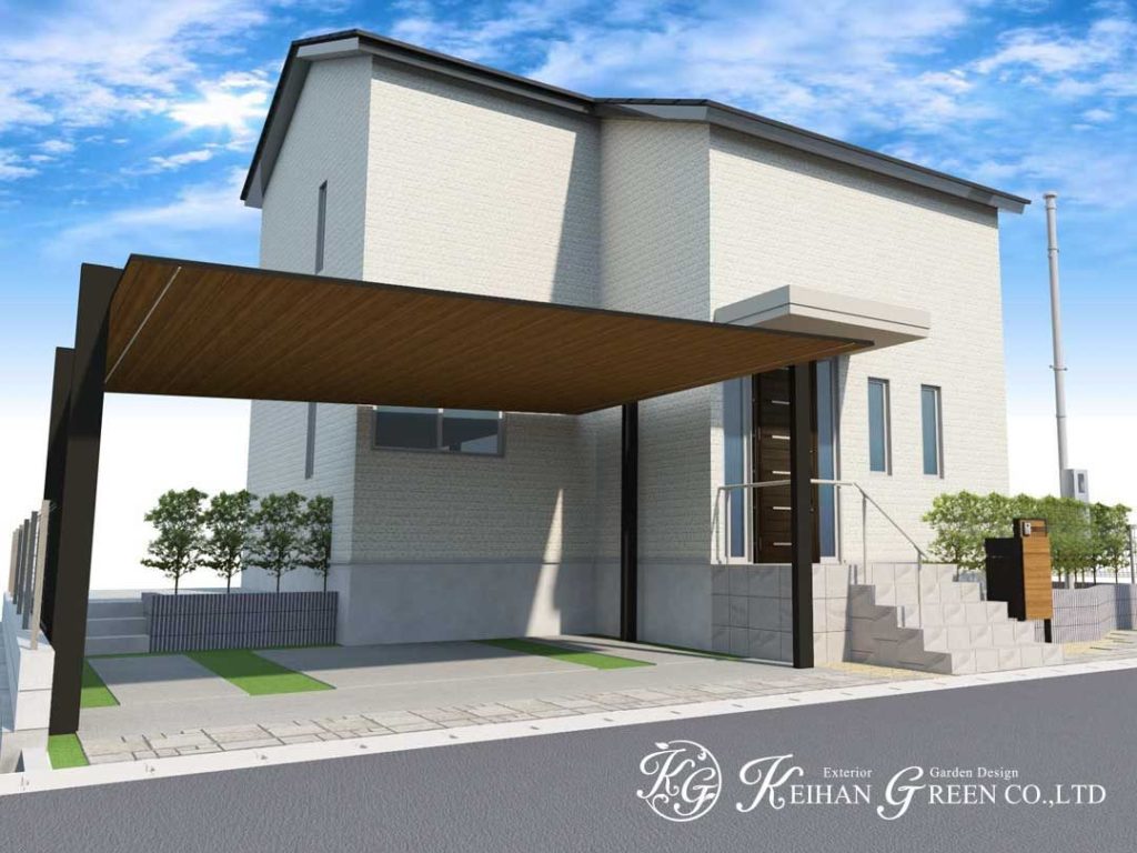 機能門柱とカーポートを同じ木目調でコーディネート