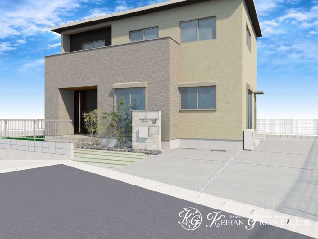 タイルに植栽の緑が映えるナチュラルモダン外構