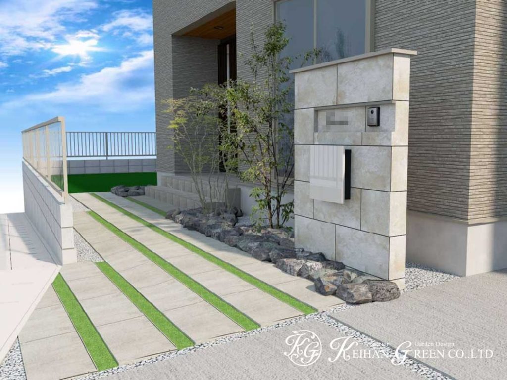 タイルに植栽の緑が映えるナチュラルモダン外構