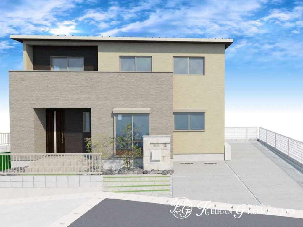 タイルに植栽の緑が映えるナチュラルモダン外構