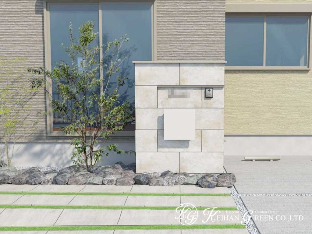 タイルに植栽の緑が映えるナチュラルモダン外構