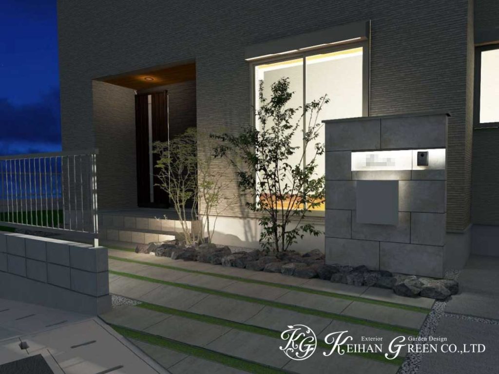 タイルに植栽の緑が映えるナチュラルモダン外構