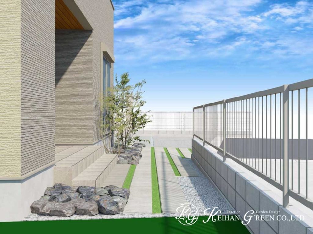 タイルに植栽の緑が映えるナチュラルモダン外構