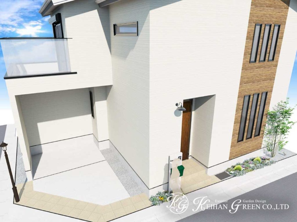 白を基調にしたやさしい雰囲気のオープン外構