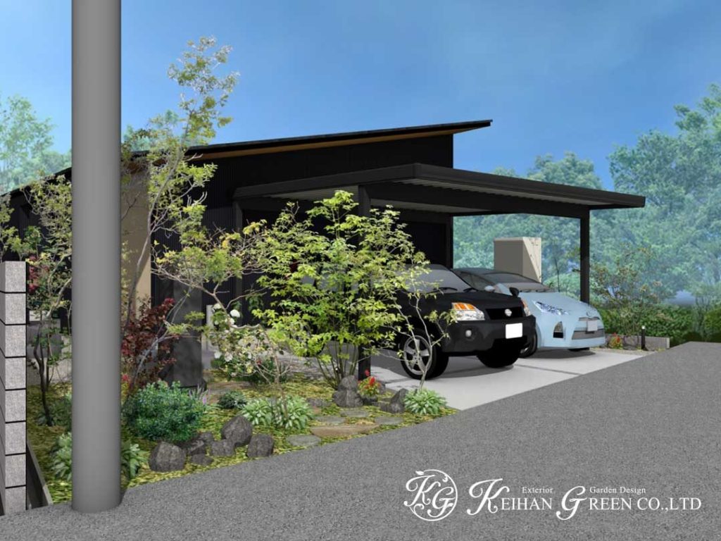 植栽の緑あふれるシックな和モダン外構