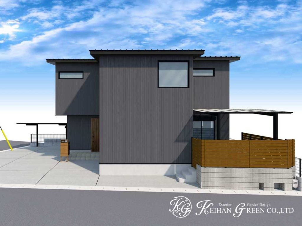 ブラック×木目のナチュラルモダン外構