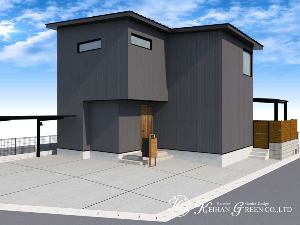 ブラック×木目のナチュラルモダン外構