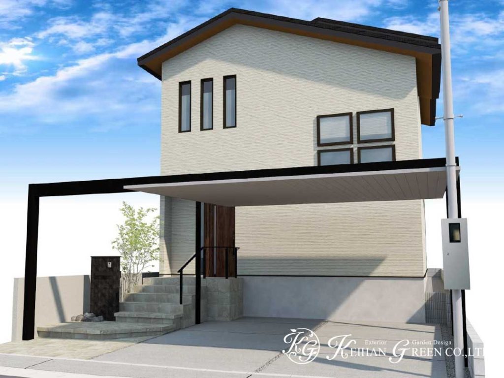 梁延長で駐車スペースの間口を広くとったモダン外構