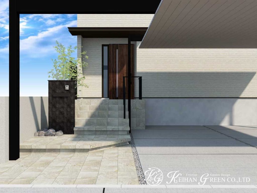 梁延長で駐車スペースの間口を広くとったモダン外構