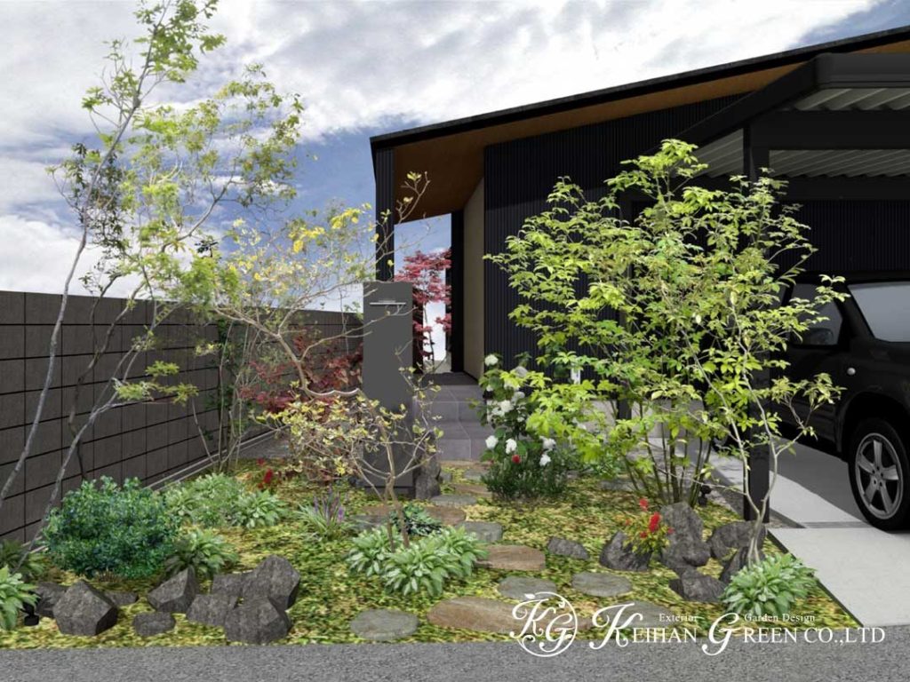 植栽の緑あふれるシックな和モダン外構