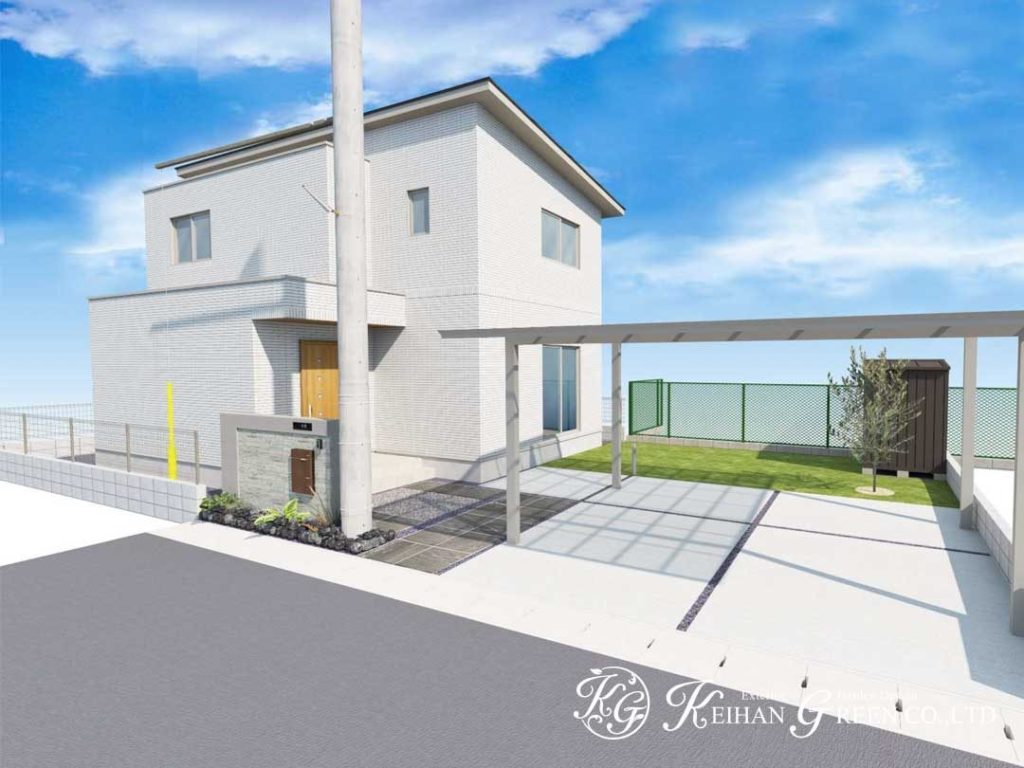 タイル張りの門柱がおしゃれなナチュラルモダン外構プラン